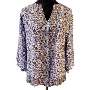Porophrose Women's Top  Beige Blue Wide 3/4 Sleeve Tie Paisley Tunic Blouse 2X